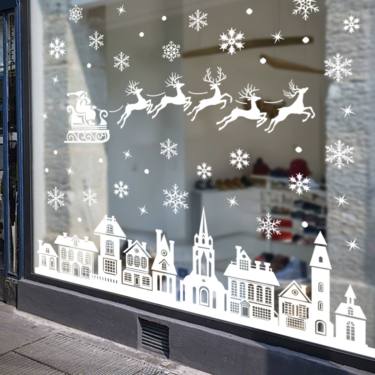 Оптовые рождественские наклейки Amazon, рождественские наклейки для дома, белые рождественские снежинки, наклейки для украшения оконного стекла торгового центра
