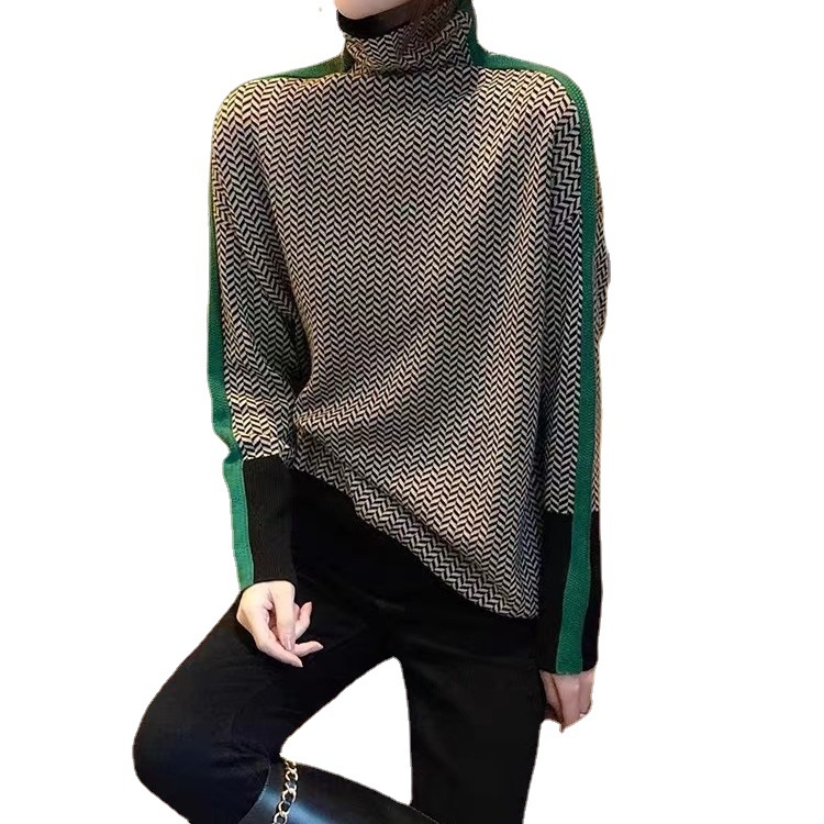 Suéter de cuello alto con rayas y patchwork estilo casual para mujer, jersey holgado de punto para primavera y otoño 2026, manga larga adelgazante.