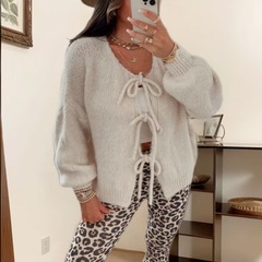 圆领系带针织开衫欧美跨境秋冬新款纯色通勤简约粗针毛衣外套女潮
