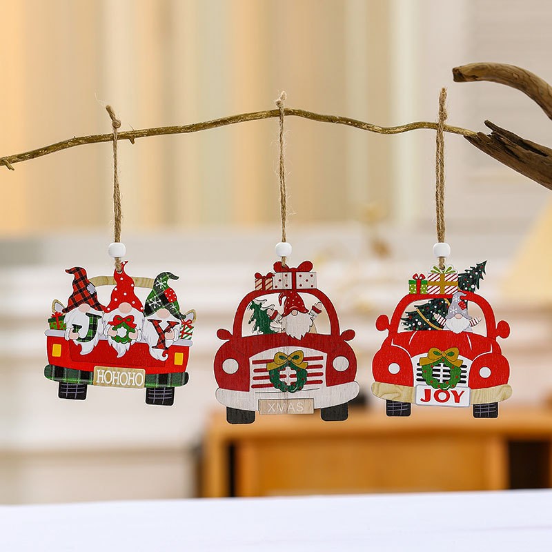 Transfronterizo nuevo coche de 3 piezas colgante de madera árbol de Navidad decoración adornos sin rostro colgante de edad avanzada