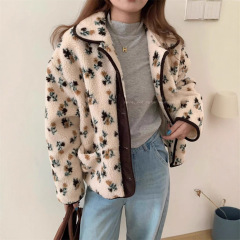 东大门秋冬新品韩版碎花羊毛羔外套女复古小众棉服加厚翻领短外套