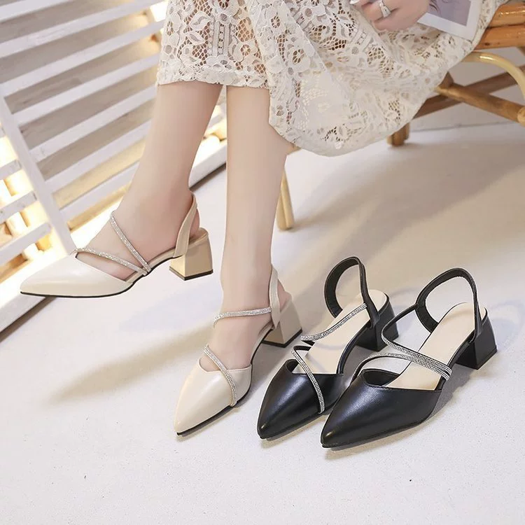 Модные сандалии Fairy Style 2023, летние новые женские туфли на толстом каблуке с острым носком и стразами, универсальные туфли