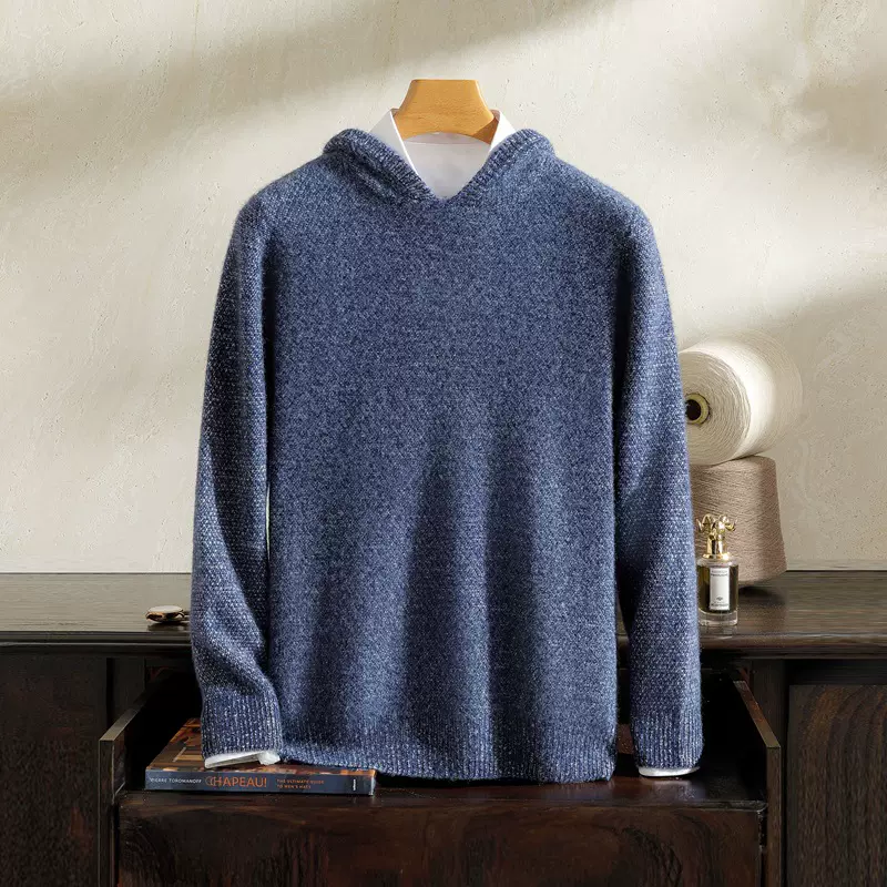 重磅七针三股加厚花式纱帽衫100%山羊绒衫男士菠萝针时尚休闲毛衣