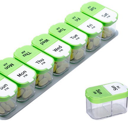 La nueva caja de medicamentos de 14 compartiones de HuDongkang, caja de medicamentos de plástico de 14 compartiones desmontable doble, caja de almacenamiento de plástico PP de grado alimenticio