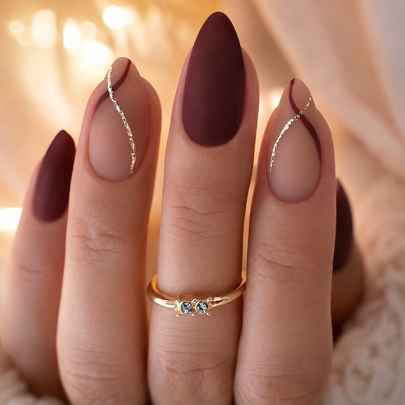 Cross-border autumn and winter wearable nails, burgundy matte almond-shaped gold-line nail patches, pre-made nails customized by the source factory