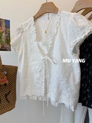 2025夏季新款小众设计开襟绑带假两件刺绣花边木耳衬衫显瘦衬衣女