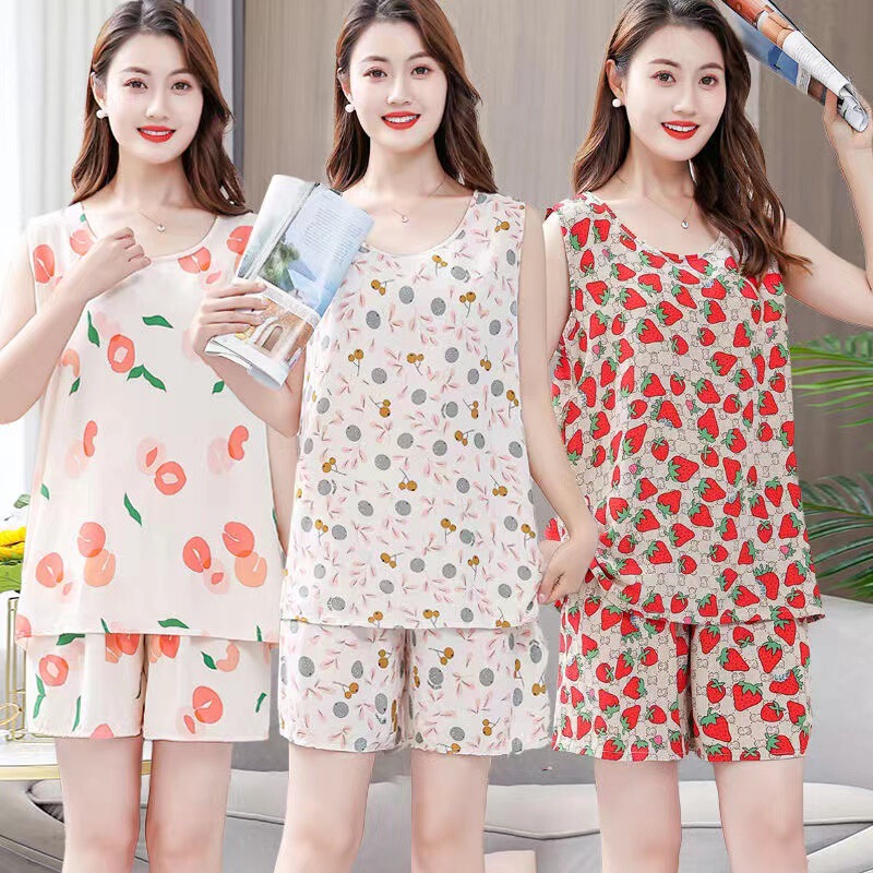 Summer Women's cotton silk sleeveless vest shorts pajamas two-piece Korean style plus size artificial cotton home wear thin suit
