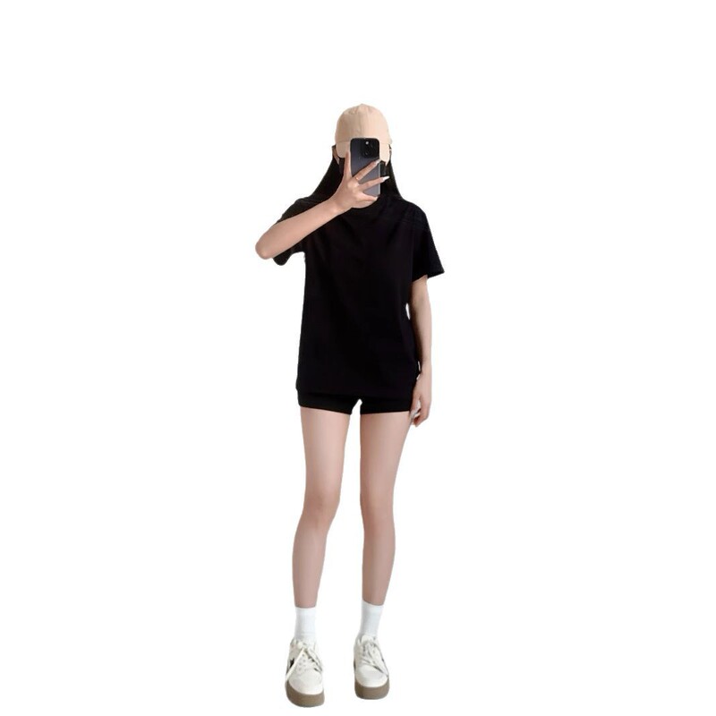 日本系重ポンド純綿ゆるい半袖tシャツ女性純色丸首カジュアル百合男女同種tシャツ上着ins|undefined