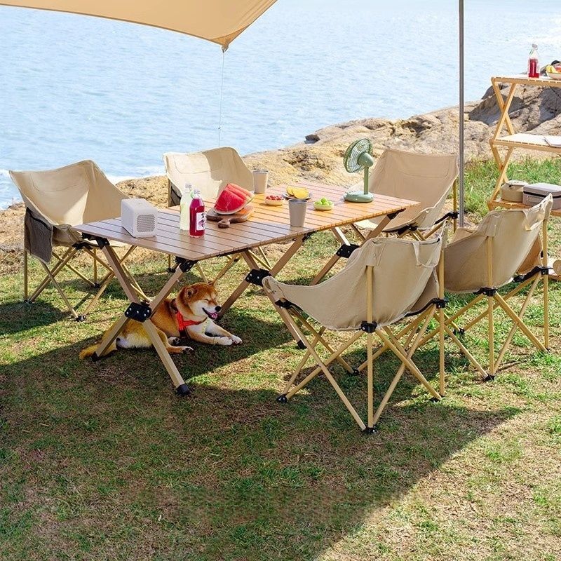 Outdoor Folding Table and Chair Set, Portable Egg Roll Recliner with Backrest, Camping Lazy Lounge Multifunctional Home Set Stool