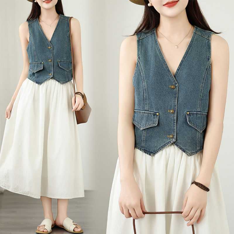 Summer retro denim design vest sleevless