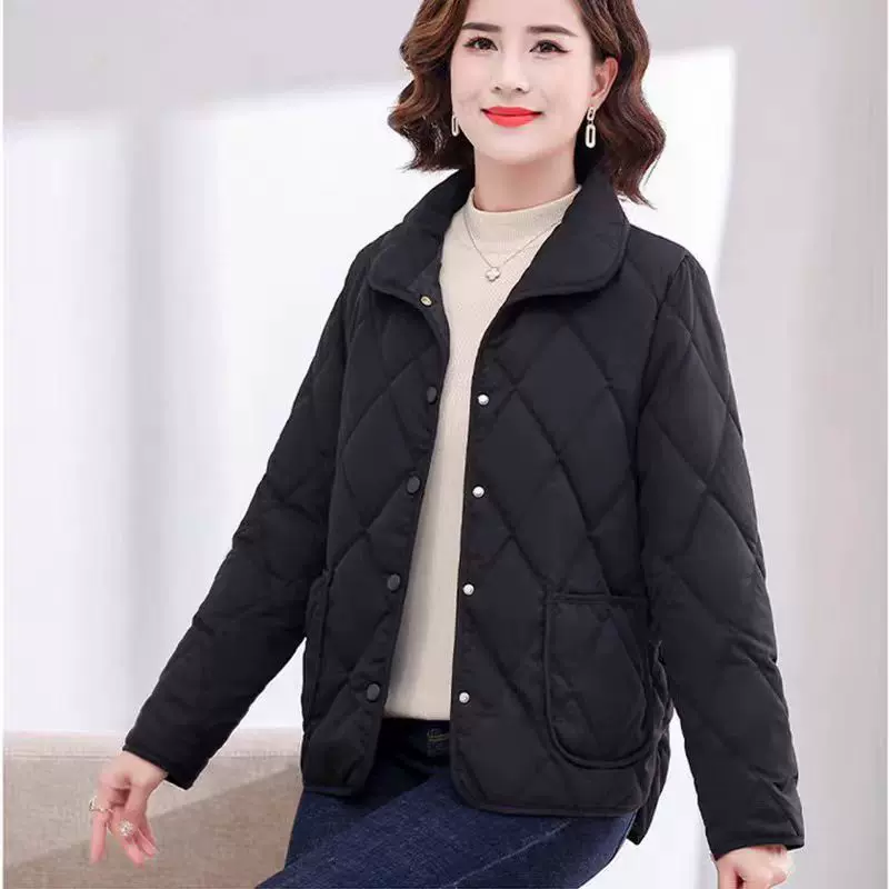 中老年纯色菱格翻领棉服外套秋冬轻薄小棉袄宽松新款夹棉棉衣批发