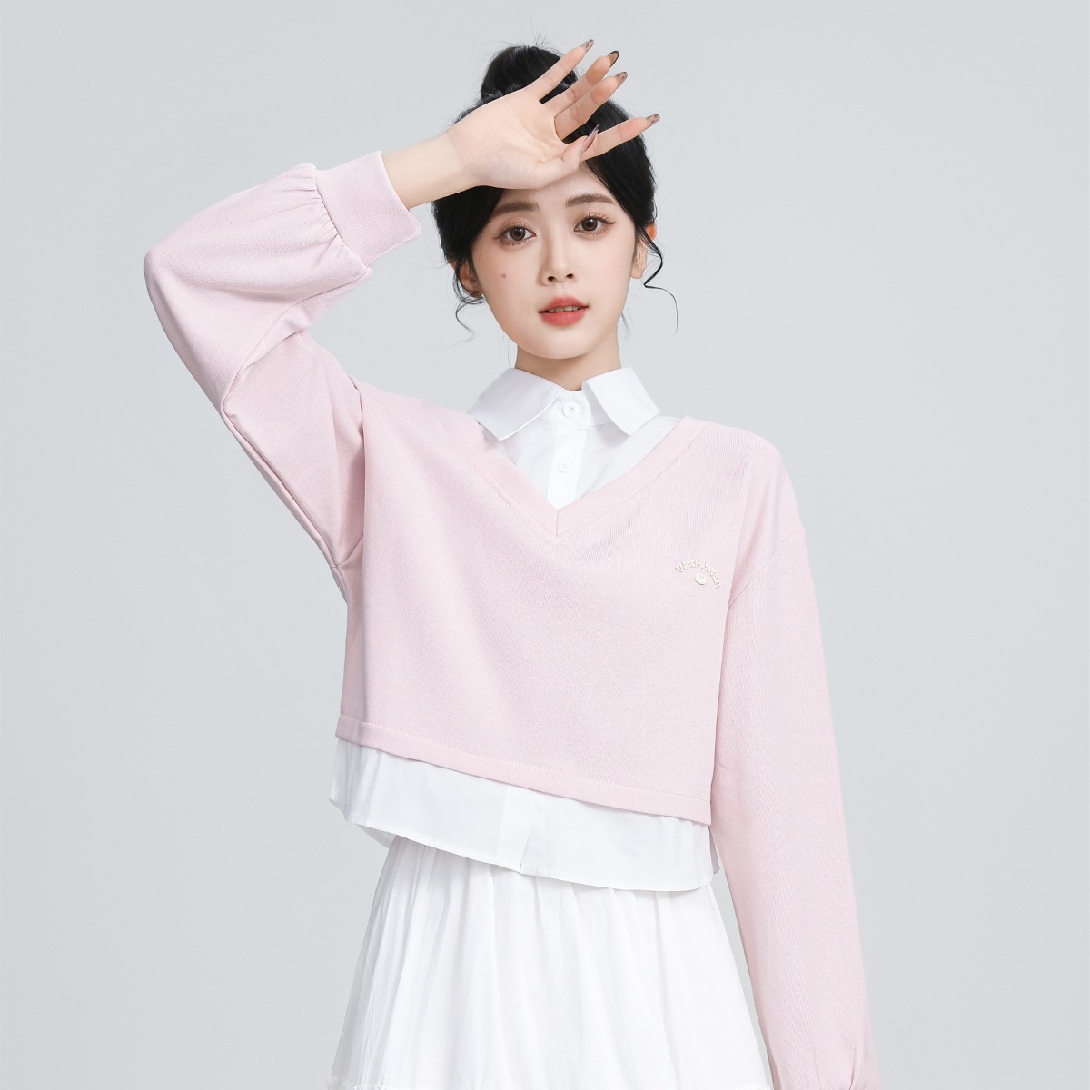 LC806Polo领衬衫假两件卫衣女春秋季初中学生宽松学院风短款上衣