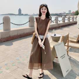 2026夏季韩系甜美套装褶皱纯色无袖衬衫女高腰休闲裤裙裤两件套