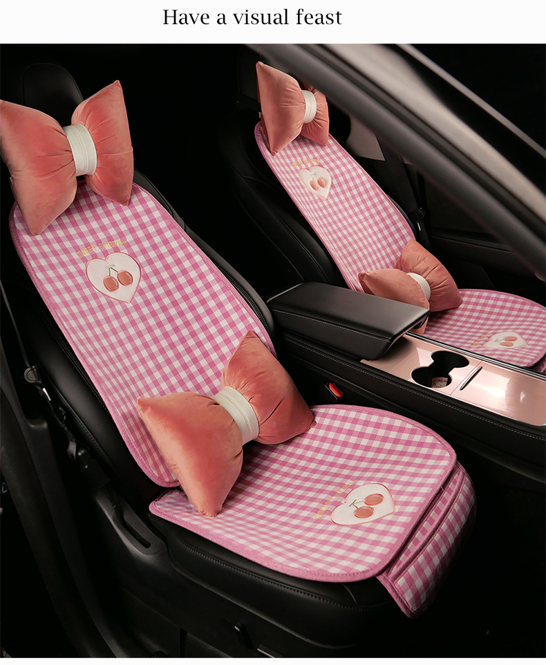 Plaid Cherry Car Cushion Four Seasons Universal Linen Single Piece Goddess Seat Cover Semi-enclosed Breathable Summer Day