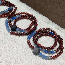 新款设计6mm三圈紫檀手串搭配蓝陵玉、银曜石星球、藏银配件
