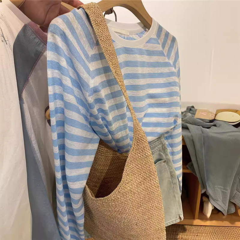 Casual and Versatile Casual Loose Raglan Sleeve Stripesd Long-Sleeved T-Shirt Women's Summer Sun Protection Shirt Air-Conditioning Fan Blouse Top