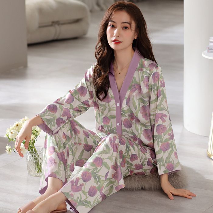 Al por mayor transfronterizo primavera y otoño nuevo cuello en V monje cuello de algodón leche cardigans pijamas de manga larga ropa doméstica de dibujos animados de mujer