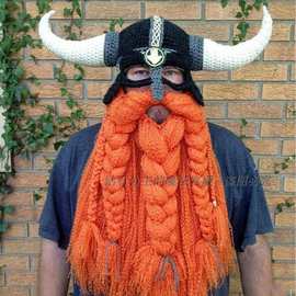 陆阿姨超大胡子牛角帽维京人手工针织帽毛线帽欧美搞怪亚马逊eBay