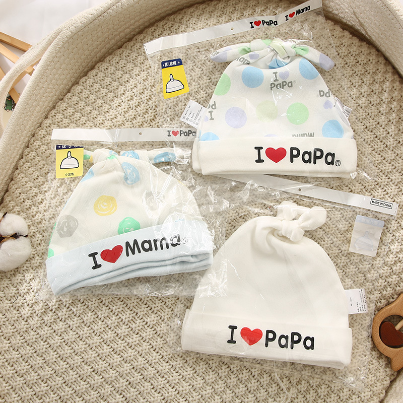 Two-Piece Set I Love Mom and Dad Pure Cotton Four-Season Newborn Baby Hat, Windproof, Warm and Cute Fetal Hat