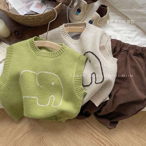  South Korean Children's Cartoon Elephant Embroidered Knit Vest for Spring and Autumn, New Gender-Free Children's Round Neck Hooded Sweater