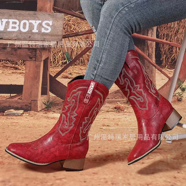 Western-Style Women's Boots, European and American Retro Style, New Models for All Seasons, In-Stock Mid-Calf Cross-Border Boots, Direct from the Manufacturer, Dragon Boat Festival