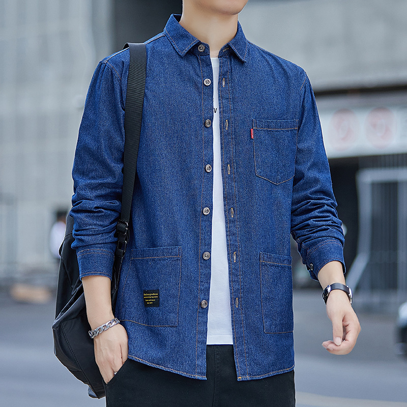Spring and Autumn Cotton Denim Shirt Men's Long Sleeve Hong Kong Style Casual Shirt Autumn Jacket Shirt