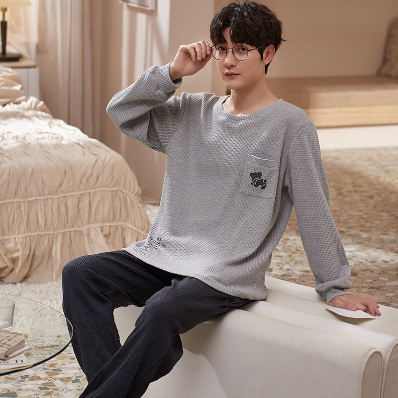 Nuevos pijamas de los hombres de primavera y otoño de algodón pantalones de manga larga de los hombres jóvenes de invierno casual ropa de casa traje de dos piezas