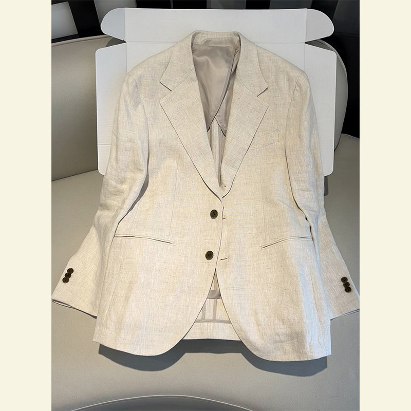 D250348 Summer Outfit, Elegant Professional Top, Unique and Super Stylish, Apricot-Colored Linen Cotton Blazer Short Jacket for Women