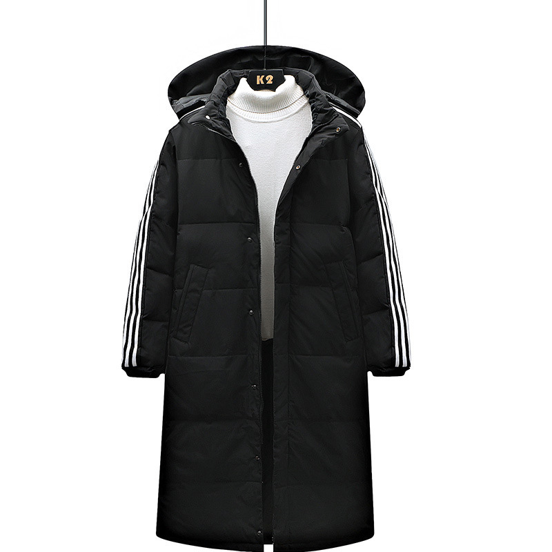 冬季羽绒服男长款加厚保暖白鸭绒羽绒服阿迪同款三条杠二开大衣