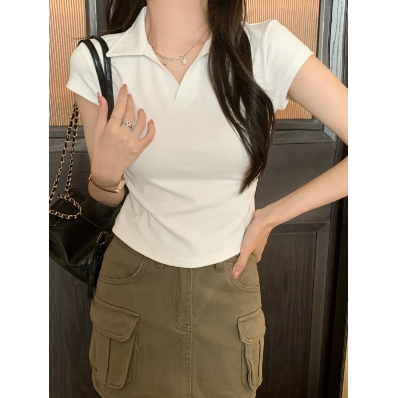 White Polo Collar Short-Sleeve T-Shirt for Women, 2025 Summer New Design, Slim Fit, Waist-Cinching, Flattering, Versatile Top, Trendy White Polo Collar Short-Sleeve T-Shirt for Women, 2025 Summer New Design, Slim Fit, Waist-Cinching, Flattering, Versatile Top, Trendy