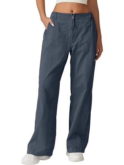 Pantalones anchos con cremallera frontal para mujer explosiva de Amazon transfronteriza, monos casuales de cintura alta, pantalones anchos con bolsillos de algodón