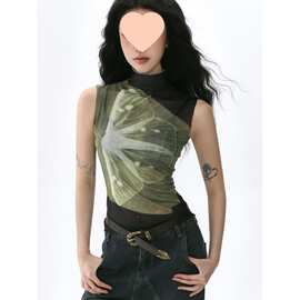千禧y2k辣妹蝴蝶印花高领网纱背心女2026夏复古修身无袖复古上衣