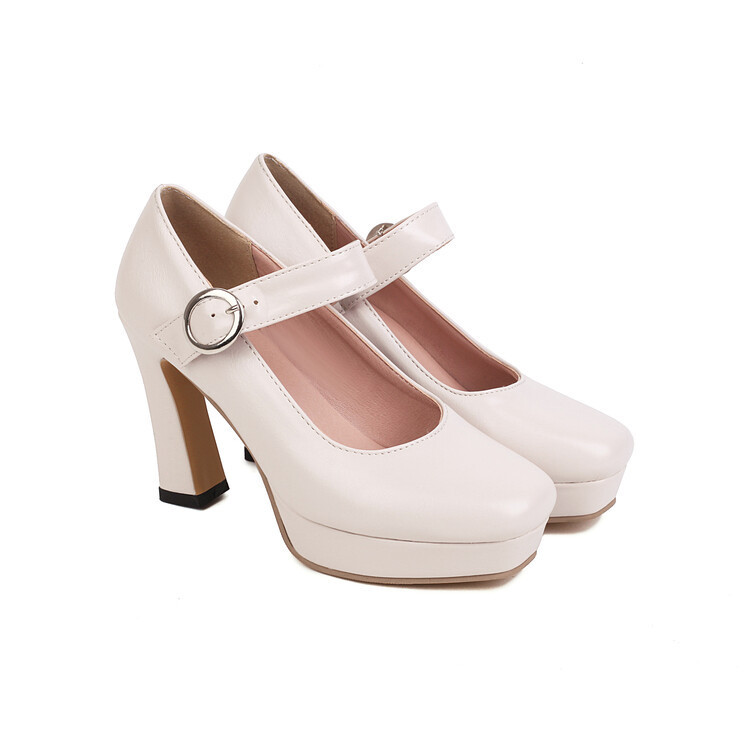 Pantofi cu toc înalt și platformă groasă, cu cap rotund și cataramă, pentru femei, culoare solidă, impermeabili, cu cataramă, cu o singură linie_voghion.com