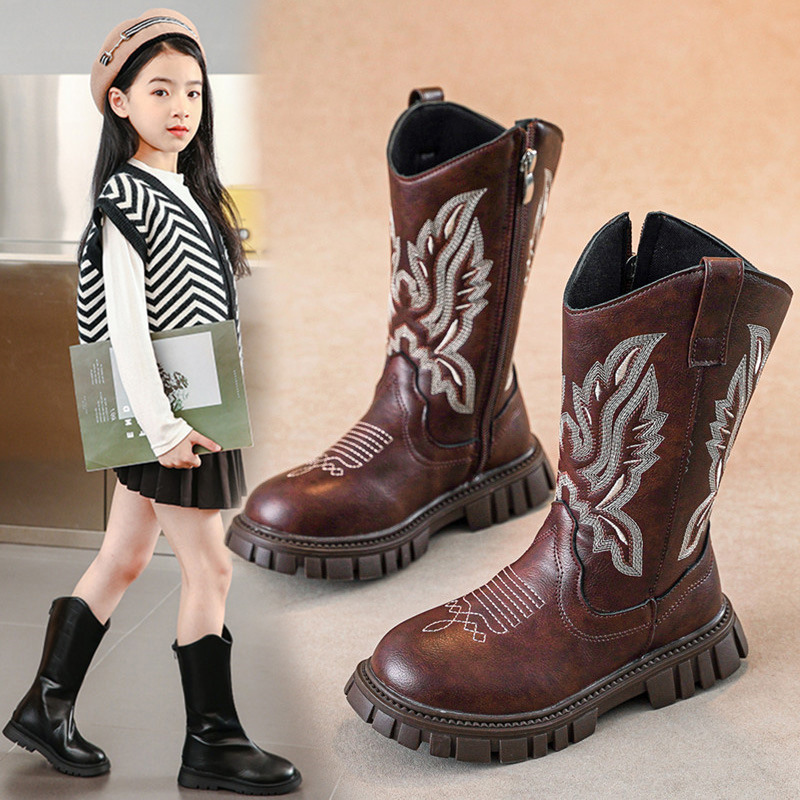 Children's Boots 2025 New Brown Embroidered Retro Cowboy Boots Girls Soft Sole Chelsea Mid-Calf Boots