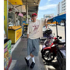 夏季薄款格子短裤男士潮牌宽松五分裤休闲口袋中裤-P35