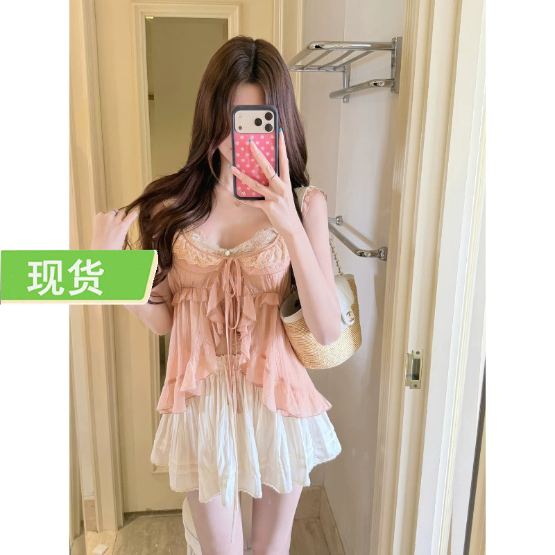 Dogwood Girl Coral Pink U-neck Ruffle Blouse for Women, Summer Design with Pure Desire Lace Top Dogwood Girl Coral Pink U-neck Ruffle Blouse for Women, Summer Design with Pure Desire Lace Top