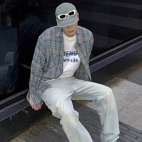 American Retro Flannel Plaid Long-Sleeve Shirt for Men and Women Spring and Autumn Accordion Pocket Leisure Style Couple Shirt Jacket Trendy