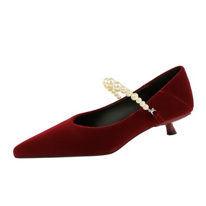 2355-K216 French pointed Mary Jane shoes for women, slim heels with pearls, versatile suede temperament, small single sh