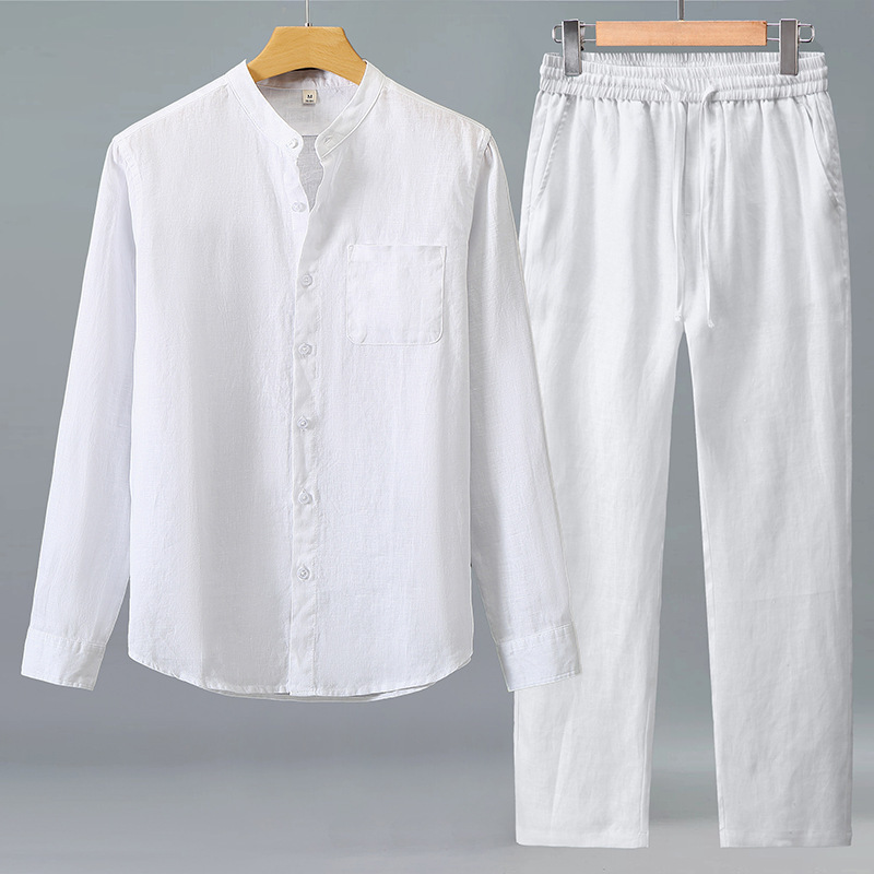 Set of Linen Long-Sleeved Shirts for Men, Chinese Style Casual Pure Linen Pockets, Loose Cardigans, Trousers, Linen Outerwear Set of Linen Long-Sleeved Shirts for Men, Chinese Style Casual Pure Linen Pockets, Loose Cardigans, Trousers, Linen Outerwear