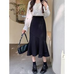 梨の形の体つきの魚の尾の半身のスカートの女性の春秋の新型の大きいサイズの高腰はやせて股の不規則な黒色のヒップのスカートを遮ります