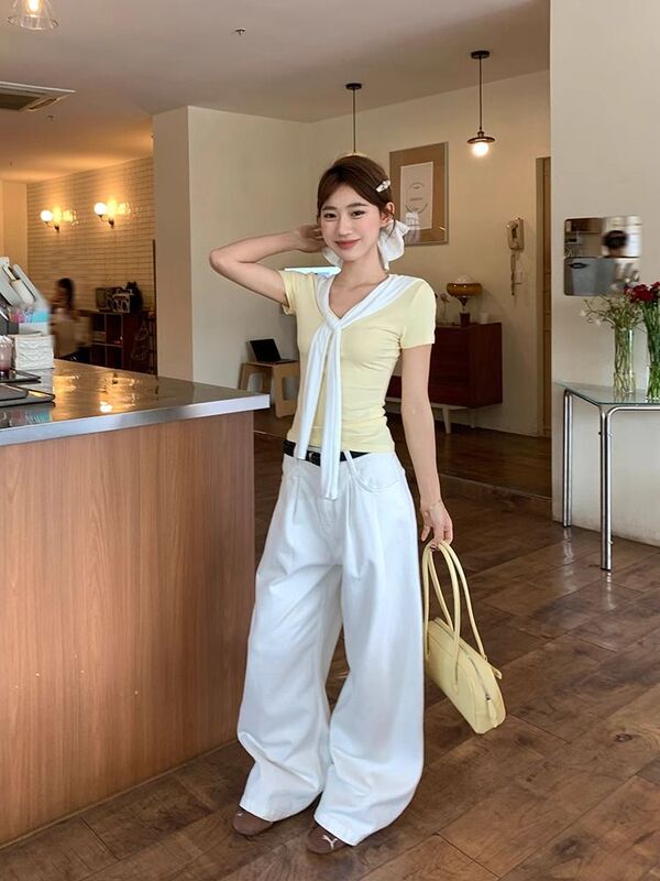 高品質の優しい黄色のフェイクツーピースVネックショールレースアップ半袖Tシャツレディーススリムフィットショートショルダートップレディース|undefined