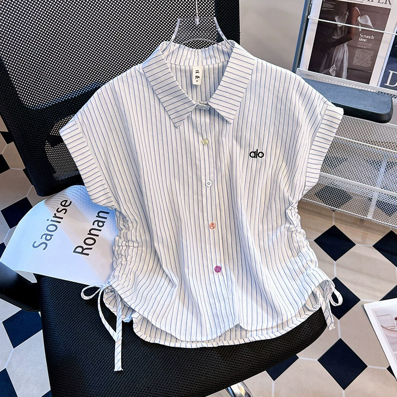 YS82025 летняя новая корейская стильная свободная рубашка с воротником-поло, короткий рукав, повседневная универсальная короткая рубашка с завязками