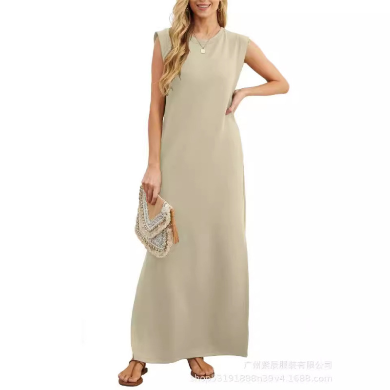 2024 Cross-Border Women's Dress Amazon Independent Site Solid Color Pocket Sleeveless Long Dress Slimming Elegant Commuter Style