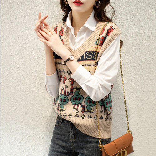 Fashionable retro knitted vest women's autumn and winter new loose outer v-neck sleeveless sweater vest top