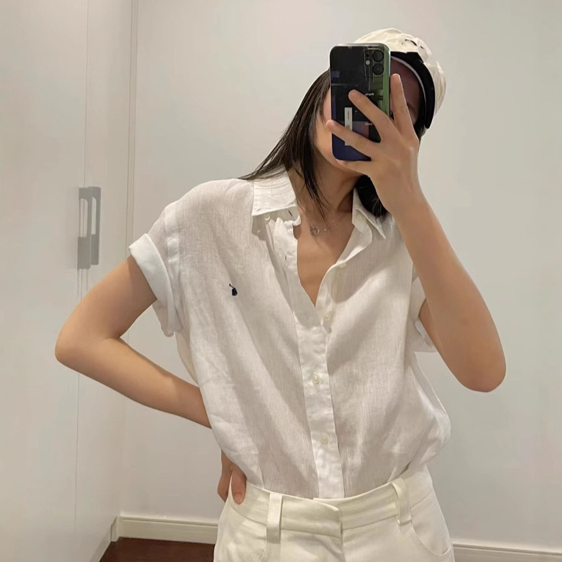 High Version RL Raff Women's Linen Shirt Short Sleeve Pony Embroidered Simple Shirt Short Sleeve Top Cardigan
