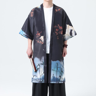 2025 Summer New Chinese Style Men's Trendy Hanfu Cardigan Cape Japanese Style Plus Size Retro Mid-Length Trench Coat