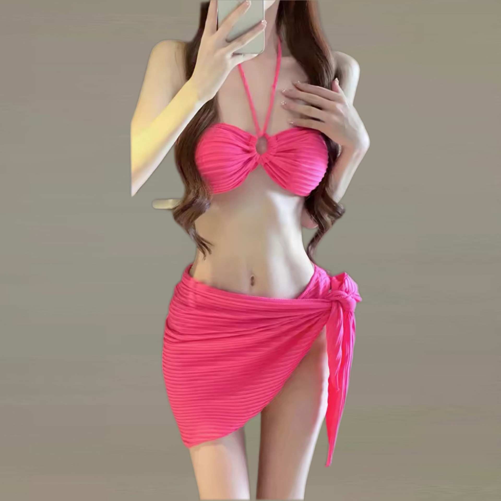 Bikini Three-Piece Set Beach Vacation Triangle Sexy High-End White-Enhancing Rose Red Hot Spring Swimsuit For Women_voghion.com