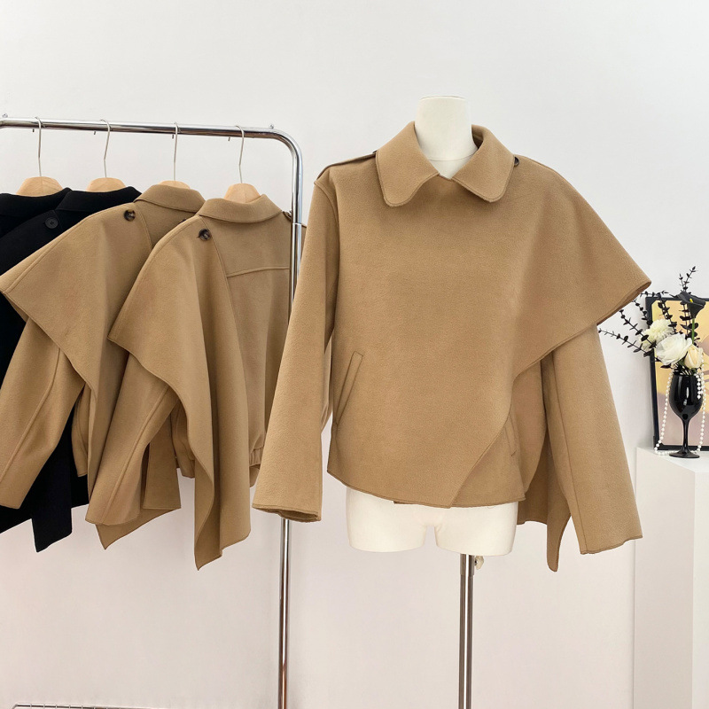 Grace Autumn and Winter Atmosphere Comes with Shawl Double-Sided Wool Outwear Women's Black Short Outwear