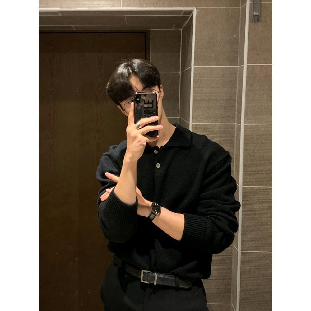 トレンドの新しい東大門韓国メンズラペルセーター男性デザイナーポロネック肌に優しいルーズニットセーター