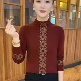 德绒洋气烫钻半高领长袖上衣女秋季新款妈妈装时尚气质显瘦打底衫